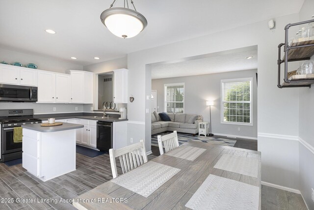 491 Anhinga Dr, East Lansing, MI 48823 - kitchen with appliances with stainless steel finishes, open floor plan, white cabinets, a kitchen island, and dark wood-type flooring