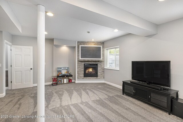 491 Anhinga Dr, East Lansing, MI 48823 - living room with carpet, a fireplace, and recessed lighting
