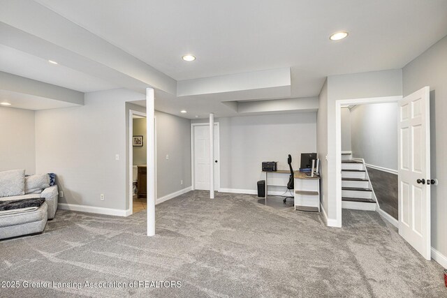491 Anhinga Dr, East Lansing, MI 48823 - finished below grade area with carpet, recessed lighting, and a desk