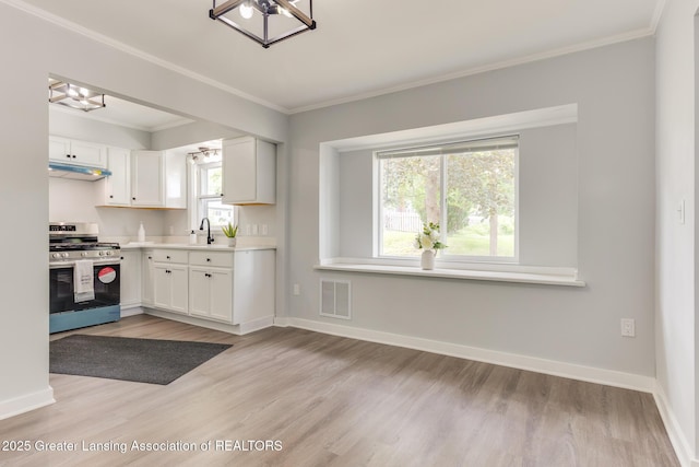 1041 Parker St, Lansing, MI 48912 - kitchen featuring gas stove, under cabinet range hood, a chandelier, light countertops, and light wood finished floors