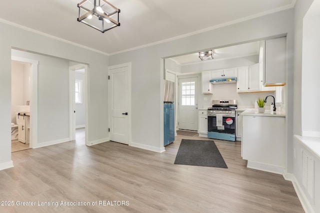 1041 Parker St, Lansing, MI 48912 - kitchen featuring stainless steel appliances, under cabinet range hood, ornamental molding, light countertops, and white cabinetry