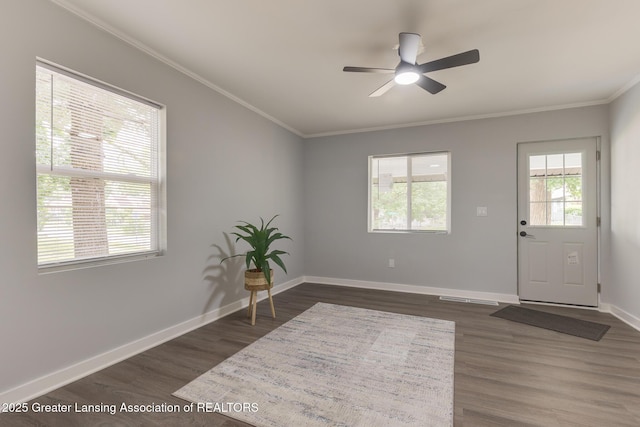 1041 Parker St, Lansing, MI 48912 - entryway featuring dark wood-style flooring, ornamental molding, and ceiling fan