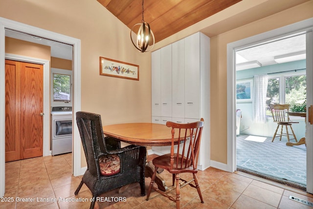 1603 Roseland Ave, East Lansing, MI 48823 - dining room with light tile patterned flooring, plenty of natural light, lofted ceiling, wood ceiling, and a chandelier