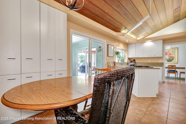 1603 Roseland Ave, East Lansing, MI 48823 - kitchen featuring light tile patterned floors, white cabinetry, wood ceiling, a peninsula, and lofted ceiling