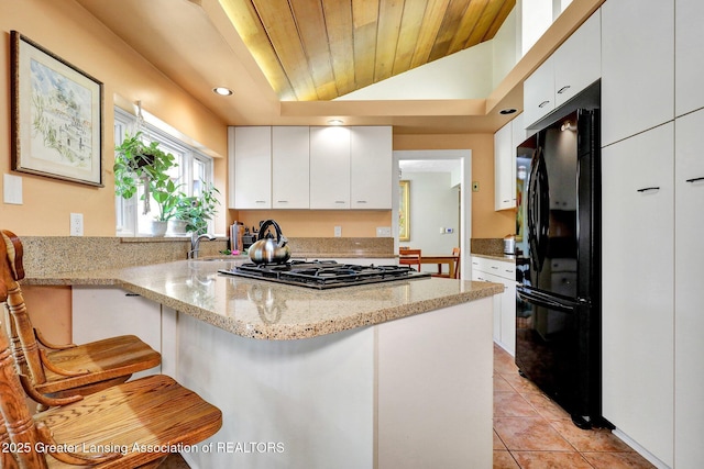 1603 Roseland Ave, East Lansing, MI 48823 - kitchen with freestanding refrigerator, a peninsula, lofted ceiling, white cabinets, and light stone countertops