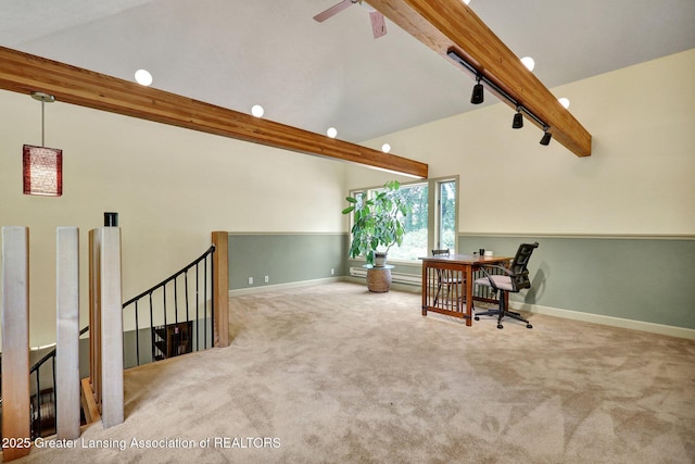 1603 Roseland Ave, East Lansing, MI 48823 - unfurnished office featuring beam ceiling, carpet flooring, a ceiling fan, rail lighting, and high vaulted ceiling