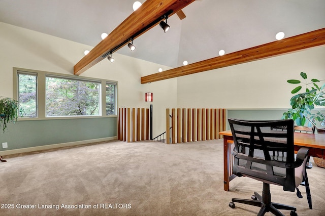 1603 Roseland Ave, East Lansing, MI 48823 - carpeted office space with rail lighting, beamed ceiling, and high vaulted ceiling