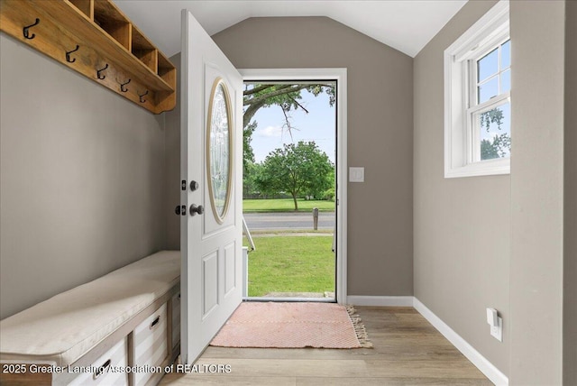 2914 W Holmes Rd, Lansing, MI 48911 - doorway with plenty of natural light, light wood-style floors, and lofted ceiling