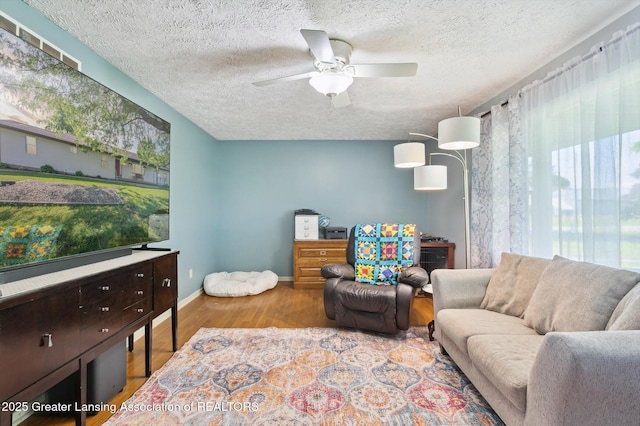 1234 Lamb Rd, Mason, MI 48854 - living room with wood finished floors, a ceiling fan, and a textured ceiling