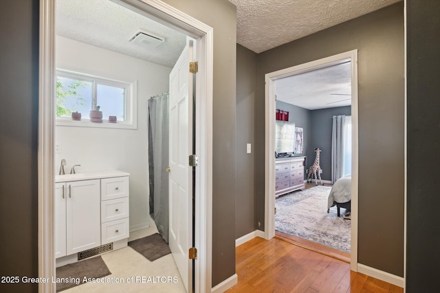 1234 Lamb Rd, Mason, MI 48854 - full bath featuring plenty of natural light, wood finished floors, a textured ceiling, vanity, and a shower with shower curtain