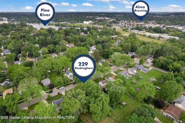 229 Rockingham Ave, Alma, MI 48801 - aerial perspective of suburban area with a tree filled landscape