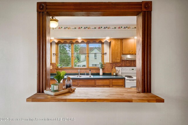 301 E Emerson St, Ithaca, MI 48847 - kitchen featuring white electric stove, ventilation hood, butcher block countertops, tasteful backsplash, and brown cabinets