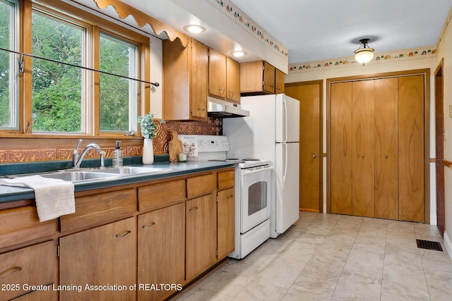 301 E Emerson St, Ithaca, MI 48847 - kitchen with white appliances, under cabinet range hood, dark countertops, and brown cabinets