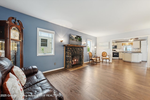 15754 Culver Dr, East Lansing, MI 48823 - living room with healthy amount of natural light, a fireplace, and wood finished floors