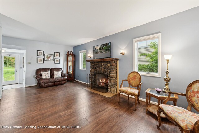 15754 Culver Dr, East Lansing, MI 48823 - living room with plenty of natural light, wood finished floors, and a stone fireplace