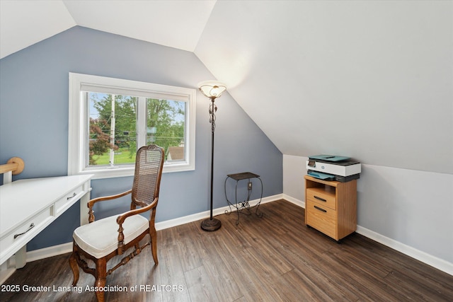 15754 Culver Dr, East Lansing, MI 48823 - office area with lofted ceiling and dark wood-style floors