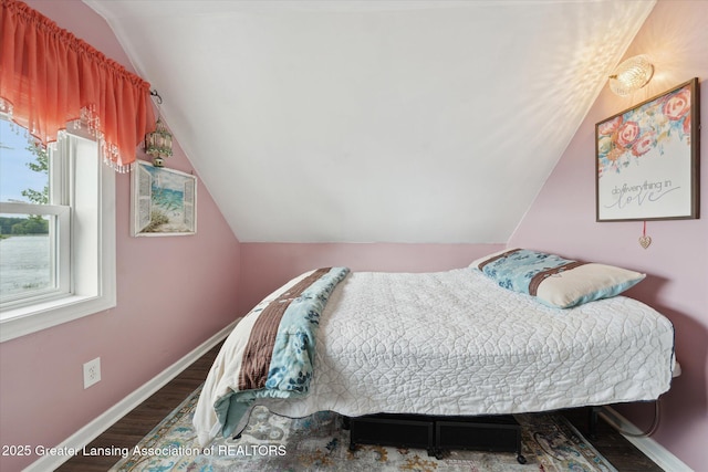 15754 Culver Dr, East Lansing, MI 48823 - bedroom with vaulted ceiling and dark wood-style floors