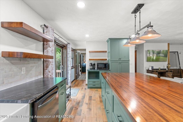 11100 S Bird Rd, Dowling, MI 49050 - kitchen with open shelves, wooden counters, green cabinets, appliances with stainless steel finishes, and recessed lighting