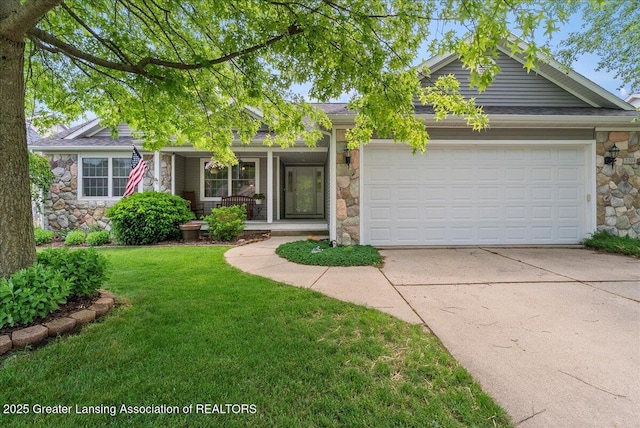 2308 Keller Rd, Holt, MI 48842 - view of front facade with stone siding, concrete driveway, a porch, a front yard, and an attached garage