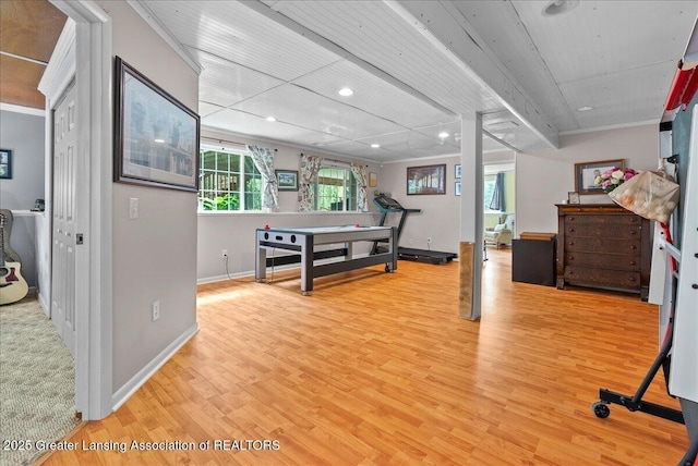 2308 Keller Rd, Holt, MI 48842 - exercise room with light wood-style floors, recessed lighting, and ornamental molding