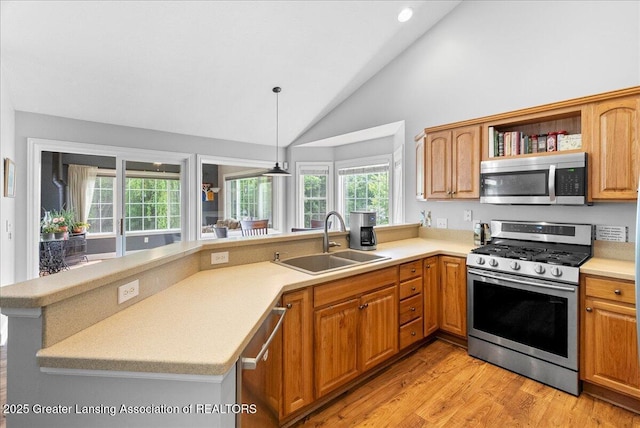 2308 Keller Rd, Holt, MI 48842 - kitchen with appliances with stainless steel finishes, vaulted ceiling, light countertops, a peninsula, and light wood finished floors