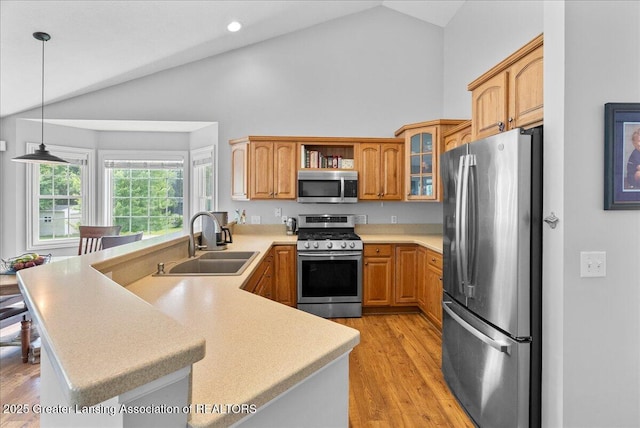 2308 Keller Rd, Holt, MI 48842 - kitchen with stainless steel appliances, a peninsula, high vaulted ceiling, light wood finished floors, and glass insert cabinets