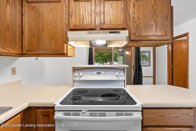 235 Bonnie Brook Dr Unit 1, Charlotte, MI 48813 - kitchen featuring electric range, under cabinet range hood, light countertops, and brown cabinetry