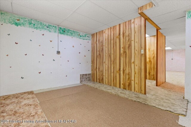 235 Bonnie Brook Dr Unit 1, Charlotte, MI 48813 - unfurnished room with carpet flooring, wood walls, and a paneled ceiling