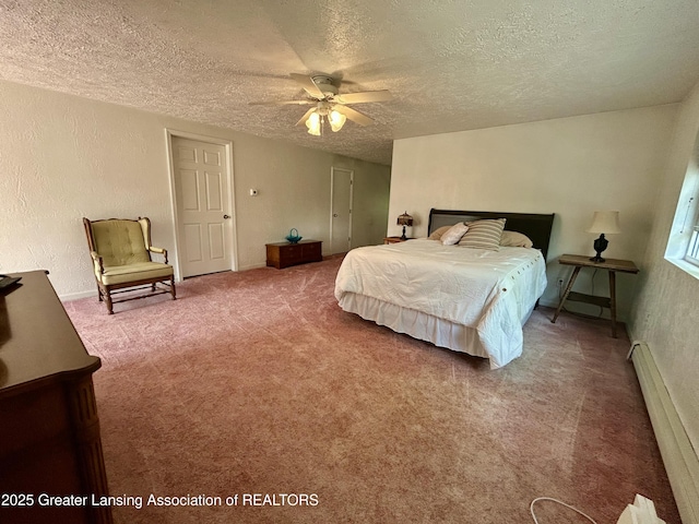 10497 Charlotte Hwy, Portland, MI 48875 - carpeted bedroom featuring a baseboard radiator, a textured ceiling, and ceiling fan