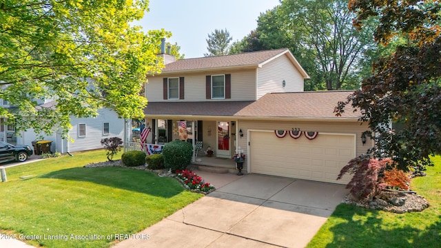 533 Middlebury Ln, Mason, MI 48854 - traditional home with a garage, a porch, a chimney, driveway, and a front yard