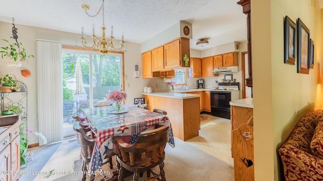 533 Middlebury Ln, Mason, MI 48854 - dining space with light carpet, a chandelier, and a textured ceiling
