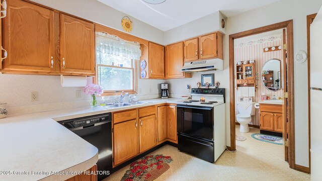 533 Middlebury Ln, Mason, MI 48854 - kitchen with range with electric stovetop, exhaust hood, dishwasher, light countertops, and brown cabinets