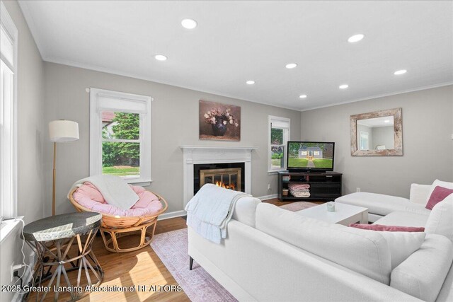 952 Sunset Ln, East Lansing, MI 48823 - living area with recessed lighting, crown molding, wood finished floors, and a glass covered fireplace
