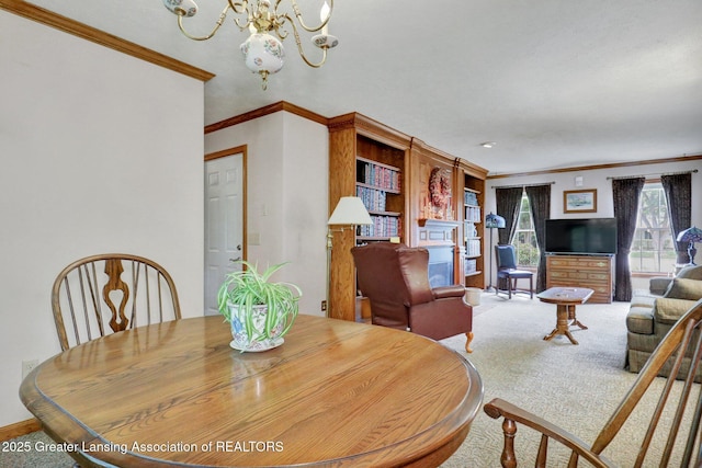 1204 Burlington Dr, Grand Ledge, MI 48837 - carpeted dining area with ornamental molding and a chandelier