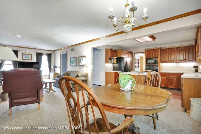 1204 Burlington Dr, Grand Ledge, MI 48837 - dining space with ornamental molding, a chandelier, light carpet, and a textured ceiling