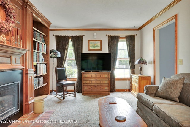 1204 Burlington Dr, Grand Ledge, MI 48837 - carpeted living area with a fireplace and ornamental molding