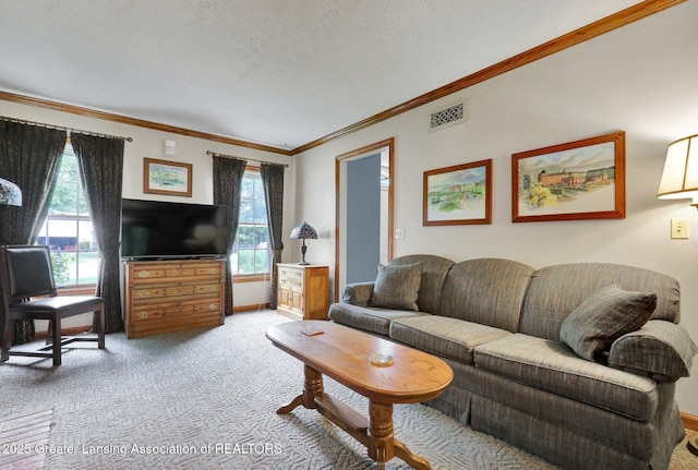 1204 Burlington Dr, Grand Ledge, MI 48837 - carpeted living room featuring healthy amount of natural light and ornamental molding