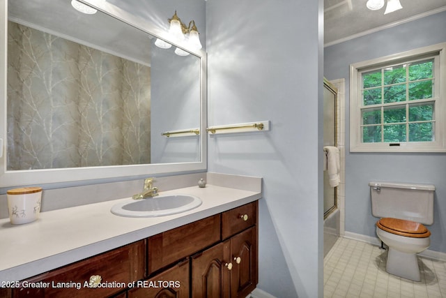 1204 Burlington Dr, Grand Ledge, MI 48837 - full bathroom with vanity, crown molding, enclosed tub / shower combo, and tile patterned flooring