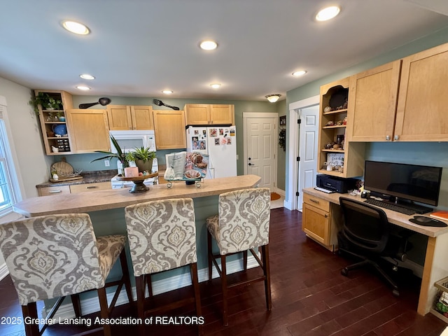 3321 Springbrook Ln, Lansing, MI 48917 - kitchen featuring open shelves, white appliances, built in study area, light brown cabinetry, and recessed lighting