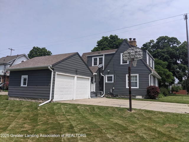 542 Riley St, Lansing, MI 48910 - view of front of home featuring a chimney, a front yard, a garage, and a shingled roof
