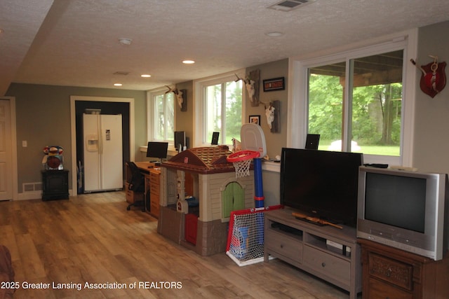 8522 Ember Glen Pass, Lansing, MI 48917 - living room featuring a textured ceiling, light wood-style floors, and recessed lighting