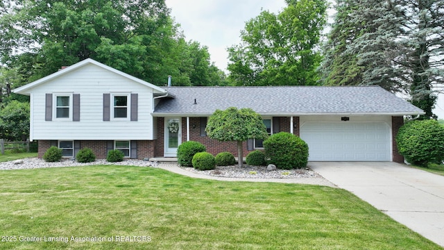 6916 Toboggan Ln, Lansing, MI 48917 - tri-level home with an attached garage, concrete driveway, a front lawn, and brick siding