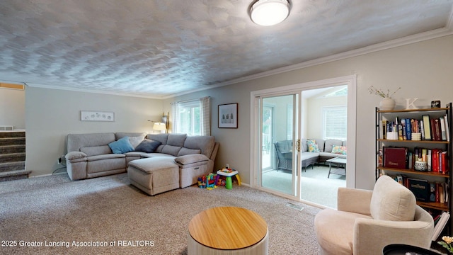 6916 Toboggan Ln, Lansing, MI 48917 - living area featuring carpet flooring, stairway, and ornamental molding
