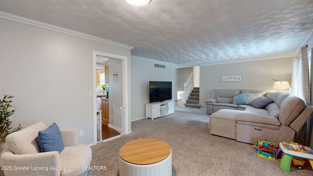 6916 Toboggan Ln, Lansing, MI 48917 - carpeted living area featuring ornamental molding and stairway