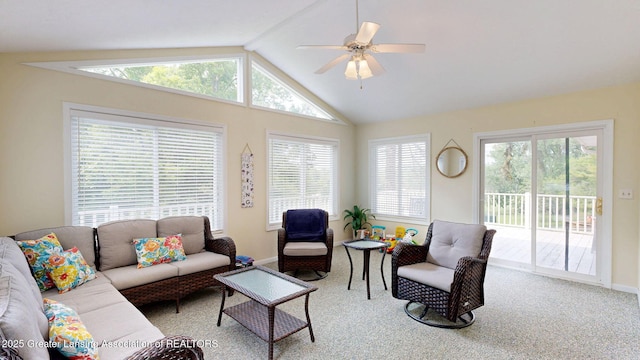 6916 Toboggan Ln, Lansing, MI 48917 - carpeted living room with ceiling fan and vaulted ceiling