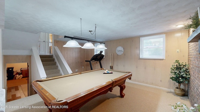 6916 Toboggan Ln, Lansing, MI 48917 - recreation room with pool table, wood walls, and carpet