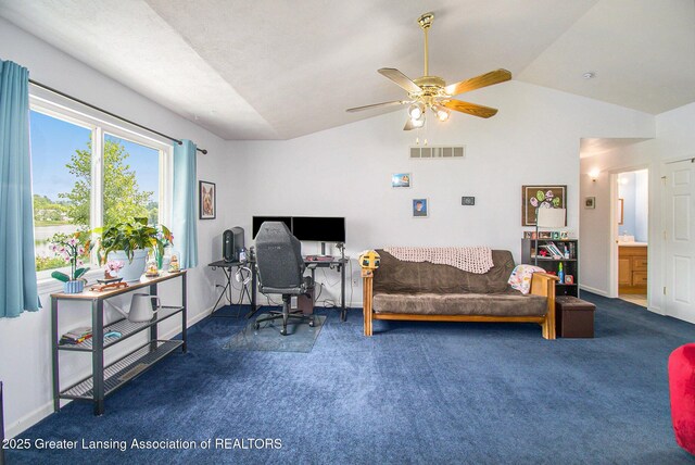 6093 Anchor Cv, Dimondale, MI 48821 - office space with vaulted ceiling, carpet flooring, and a ceiling fan