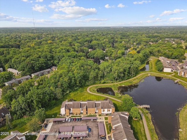 1457 E Pond Dr Unit 21, Okemos, MI 48864 - aerial overview of property's location featuring a heavily wooded area and a nearby body of water