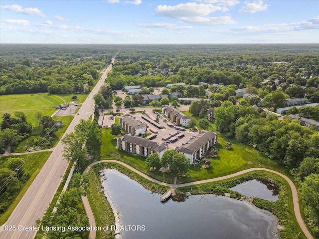 1457 E Pond Dr Unit 21, Okemos, MI 48864 - drone / aerial view of a large body of water and a forest