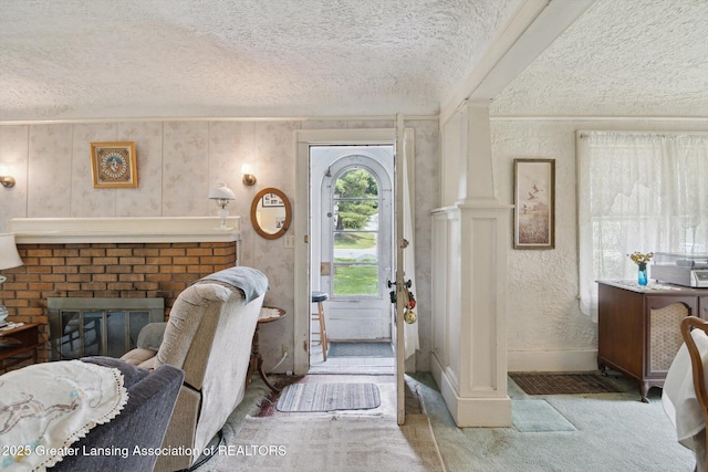 1213 N Woodworth Rd, Jackson, MI 49202 - carpeted foyer entrance featuring a textured ceiling, a fireplace, and a textured wall